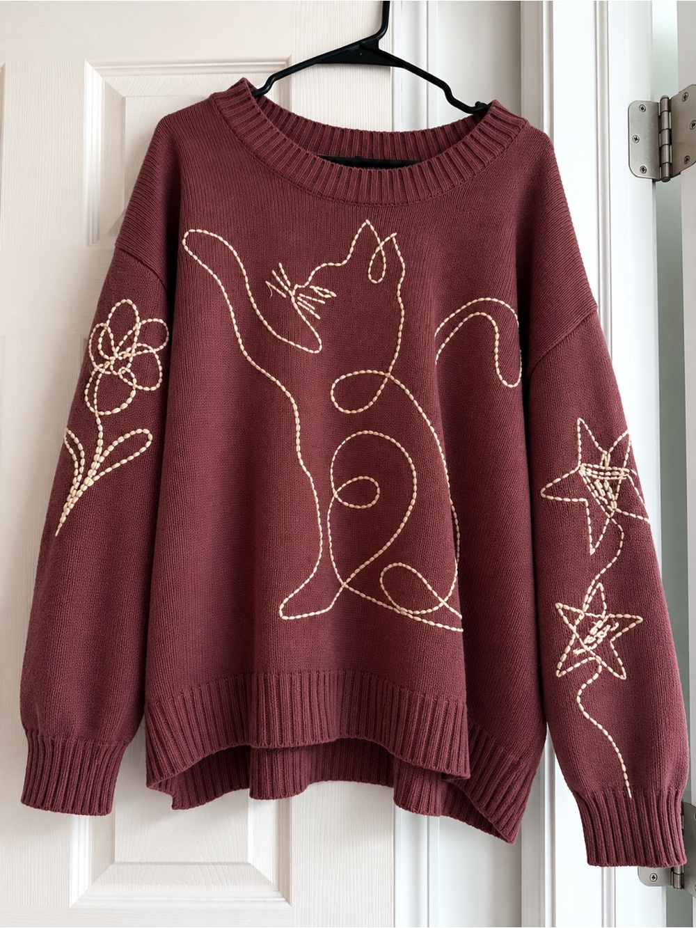 torrid Wine Crewneck Sweater with Cream Cat Embroidery